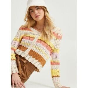 Altar'd State Crochet Cream Multi Colored Striped Cardigan Sweater